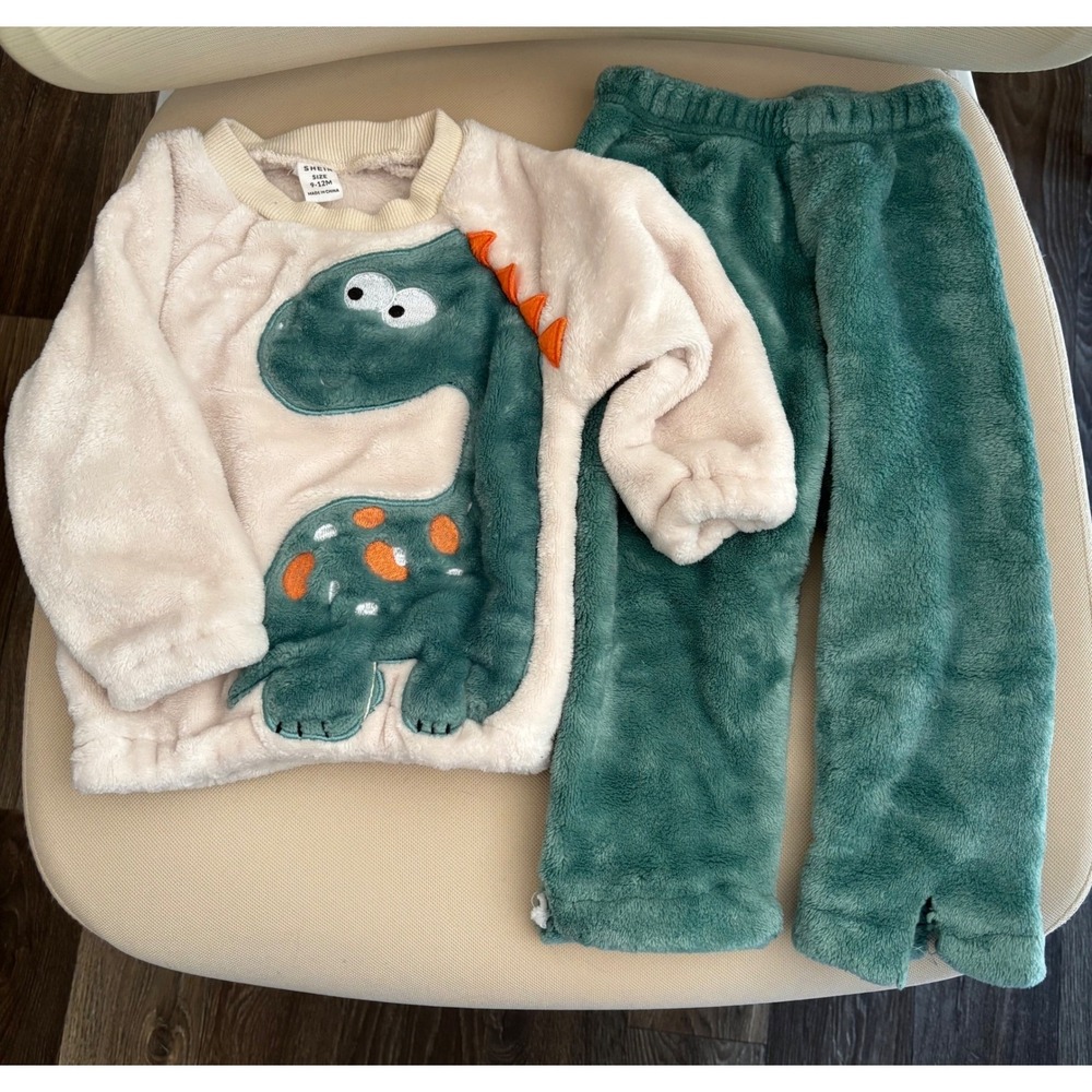 SHEIN Kids Dinosaur Fleece Pajama Set Cream Teal 2pc Sleepwear Size 9-12M